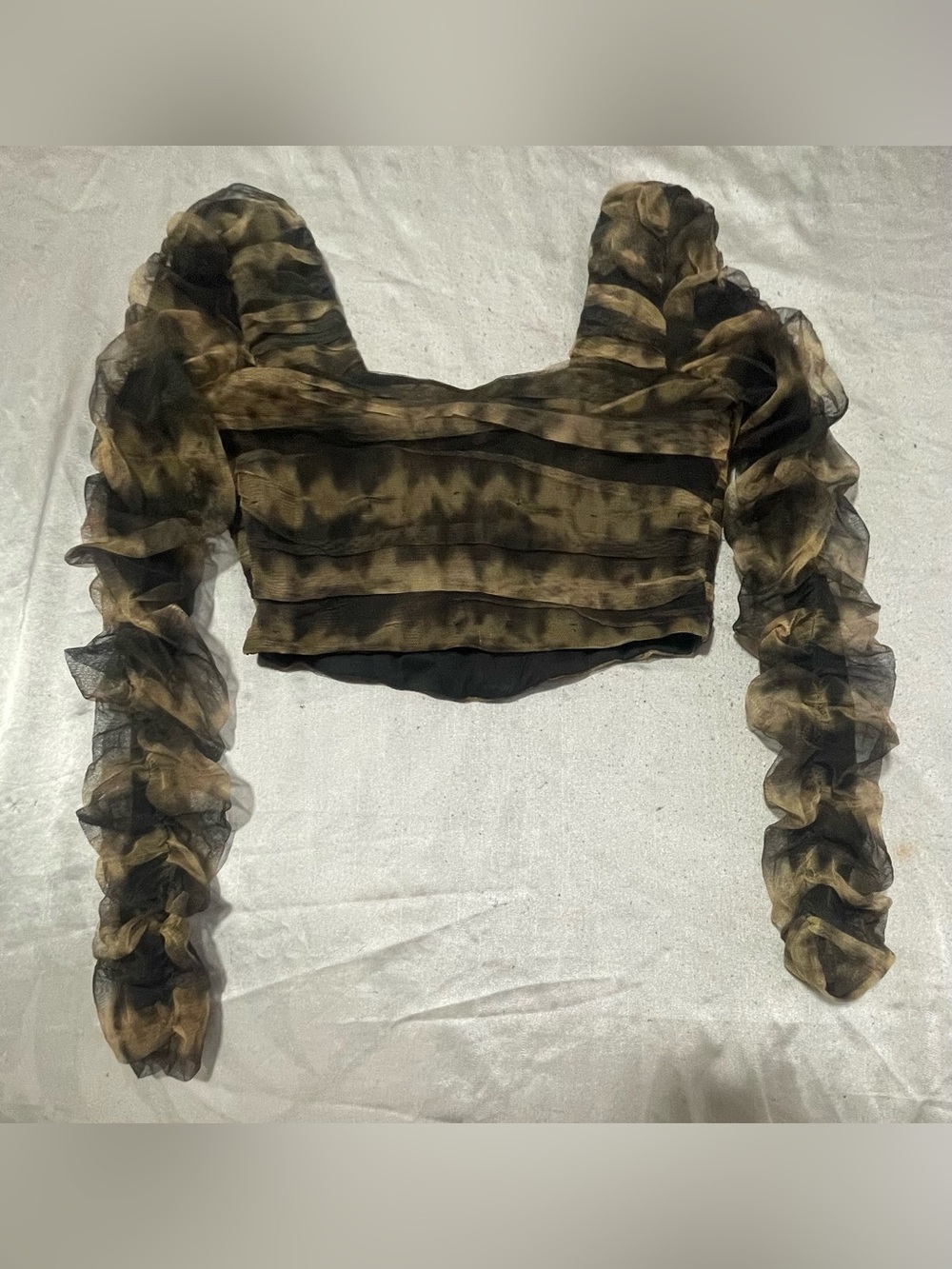 Zara Olive and Black Sheer Ruched Long-Sleeve Crop Top